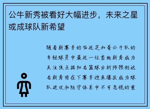 公牛新秀被看好大幅进步，未来之星或成球队新希望